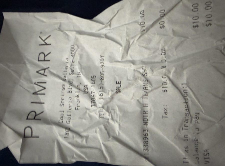 The Primark receipt lying on a dark surface, creased and photographed on its side so the printing runs vertically down the frame.