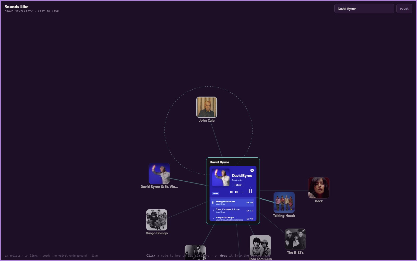 Sounds Like screenshot: After branching a neighbor: 23 artists, 24 links. The tapped node becomes the new center and the rest re-settle around it.