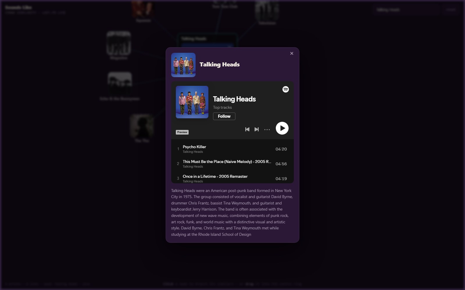 Sounds Like screenshot: The artist modal: Spotify player and top tracks, with the biography from Last.fm.