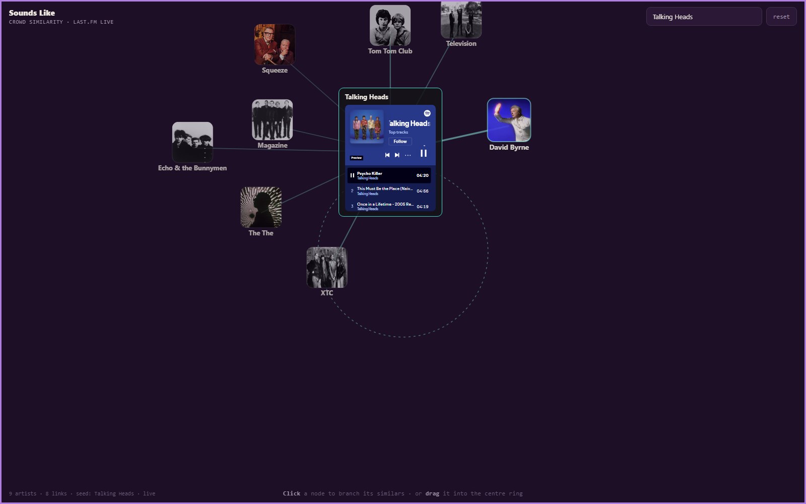 Sounds Like screenshot: Searching reseeds the whole tree rather than appending, so it stays one connected scene.