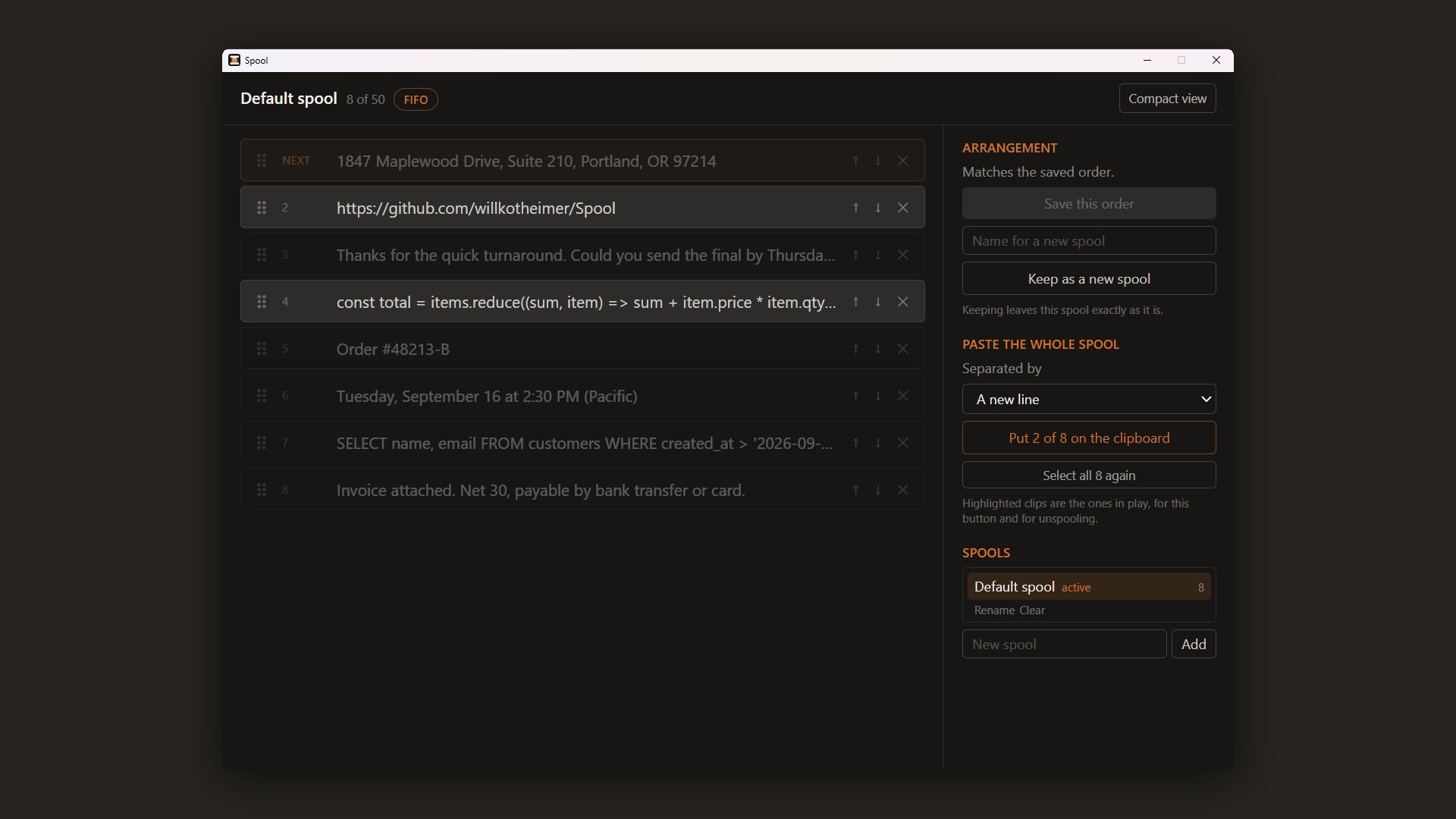 Spool screenshot: The Arrange view. Rows are dragged into the order they should come back in; the sidebar says how many are on the clipboard.