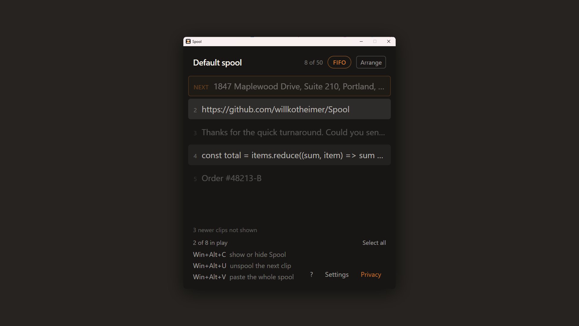 The Spool compact window: a default spool of eight clips, the first marked NEXT, rows two and four highlighted, and the three hotkeys listed at the bottom.