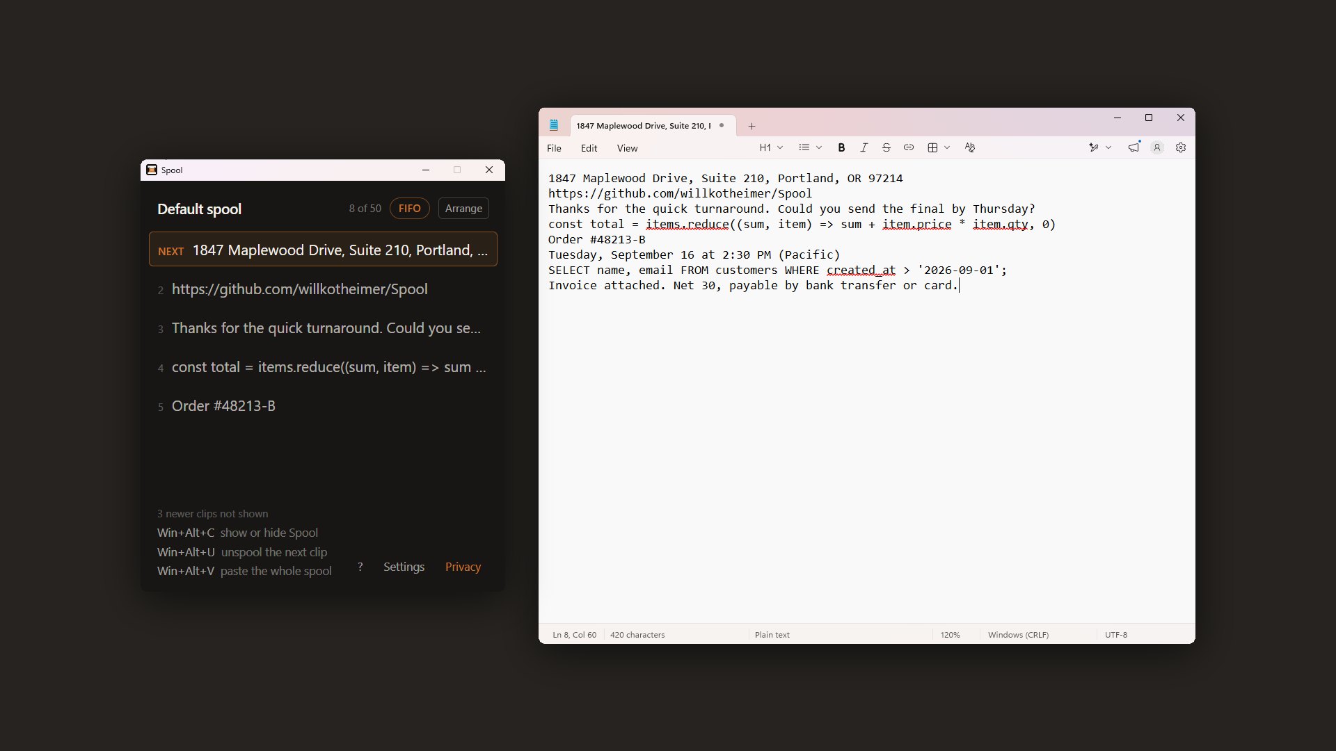 Spool screenshot: Win+Alt+V beside Notepad: all eight clips pasted as eight lines, in the order they were arranged.
